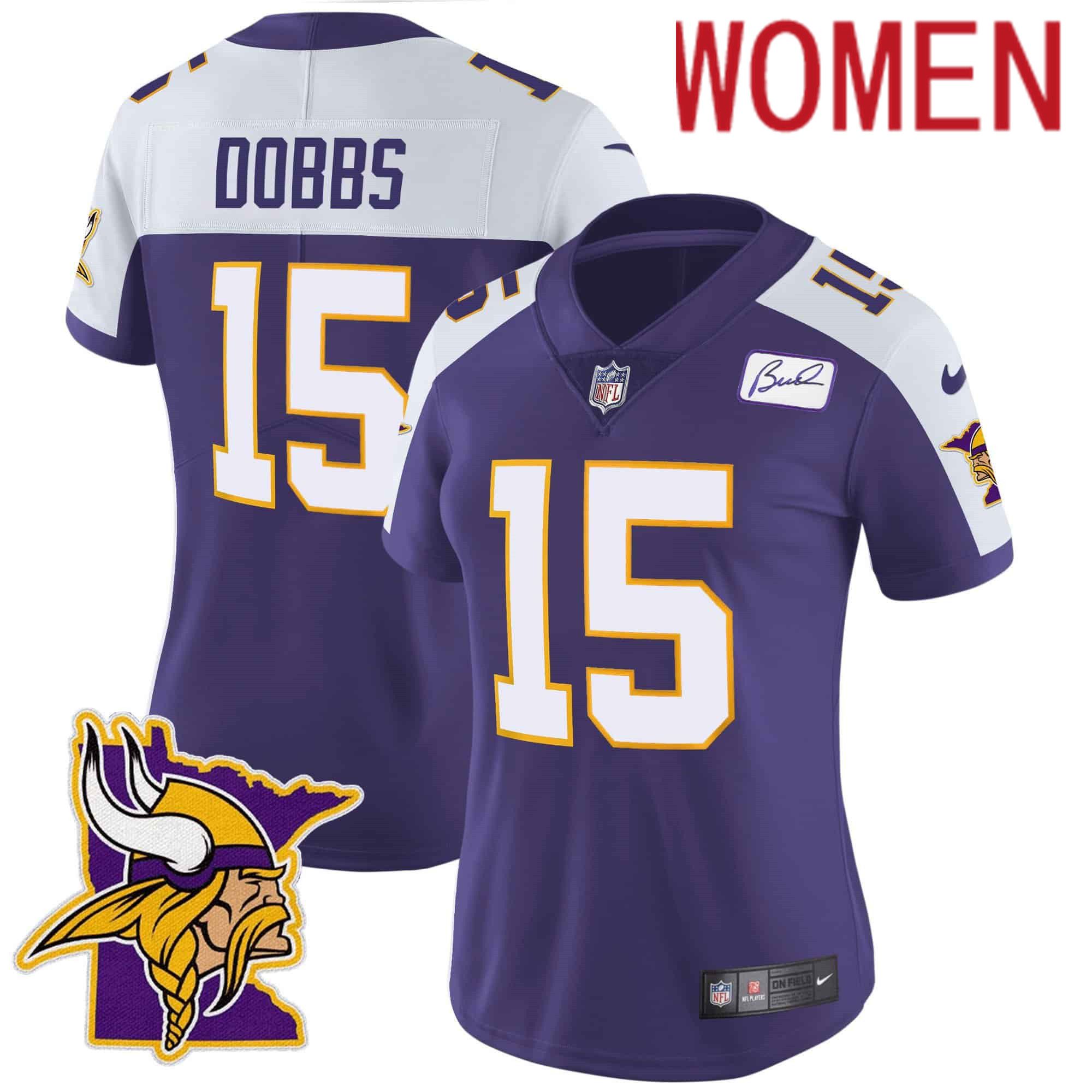 Women Minnesota Vikings 15 Dobbs Purple 2024 Nike Prince Vapor Limited NFL Jersey style 1